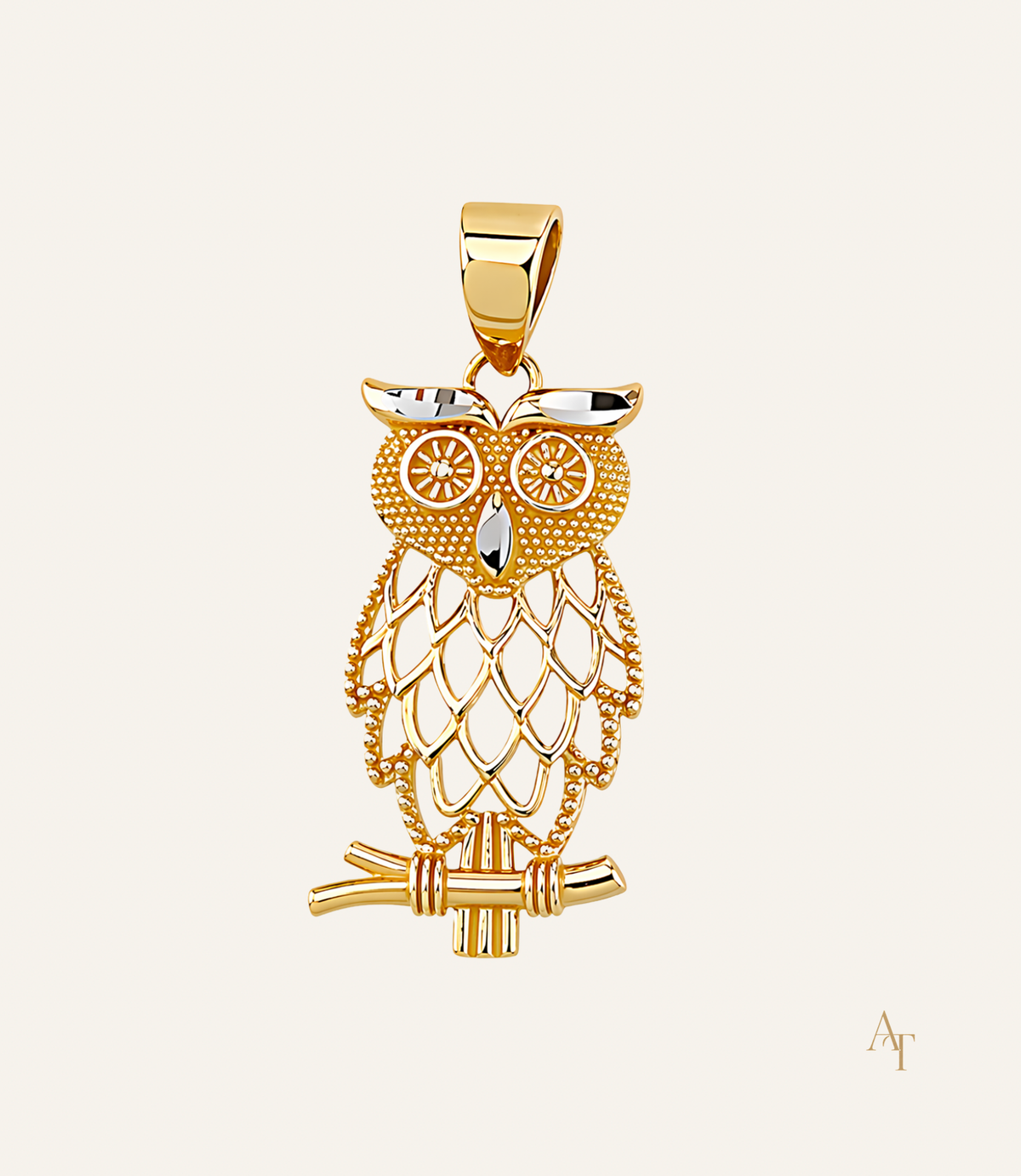 9Kt Two Tone Yellow & White Gold Owl Pendant