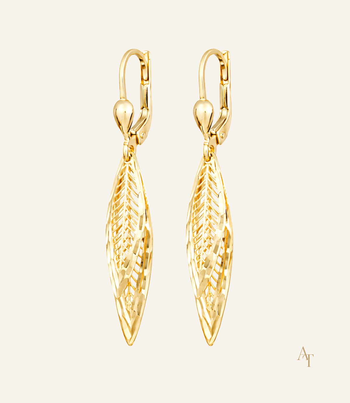 9KT Yellow Gold Lever Back Feather Charms Drop Earrings