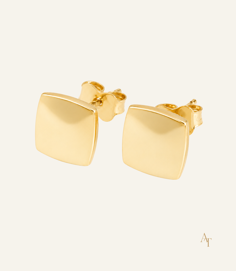 9KT Yellow Gold Square Button Stud Earrings