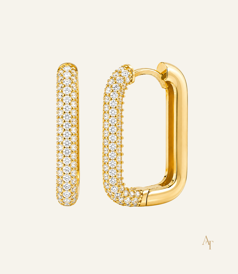 9KT Yellow Gold Square Huggie Earrings With CZ Crystals