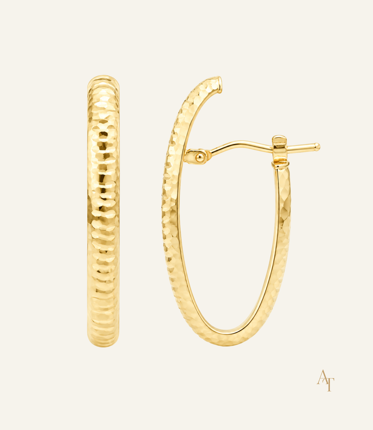 9KT Yellow Gold Elongated Hoop Earrings With Pattern