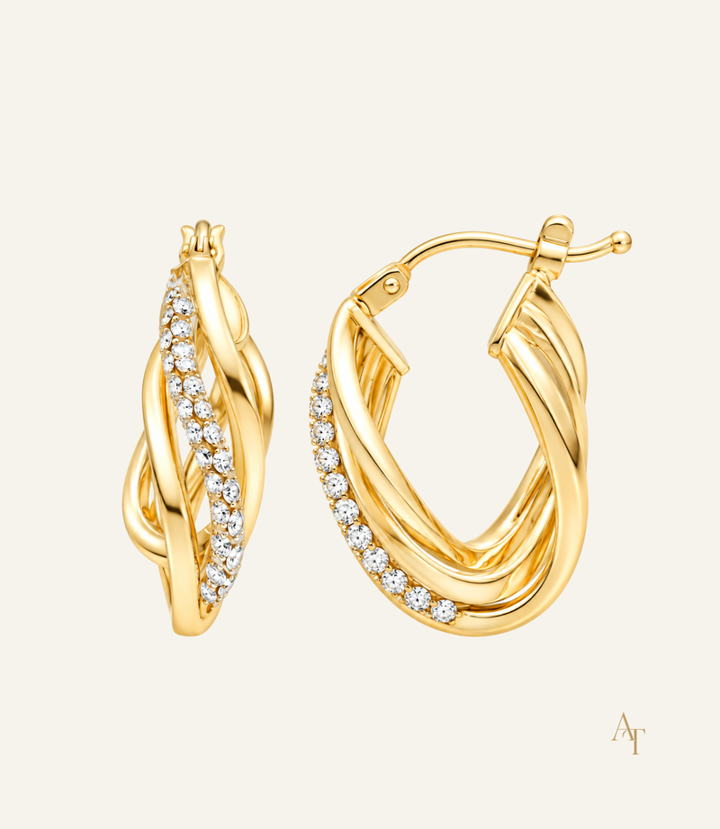 9KT Yellow Gold Three Row Twisted Hoop Earrings With Swarovski Crystals